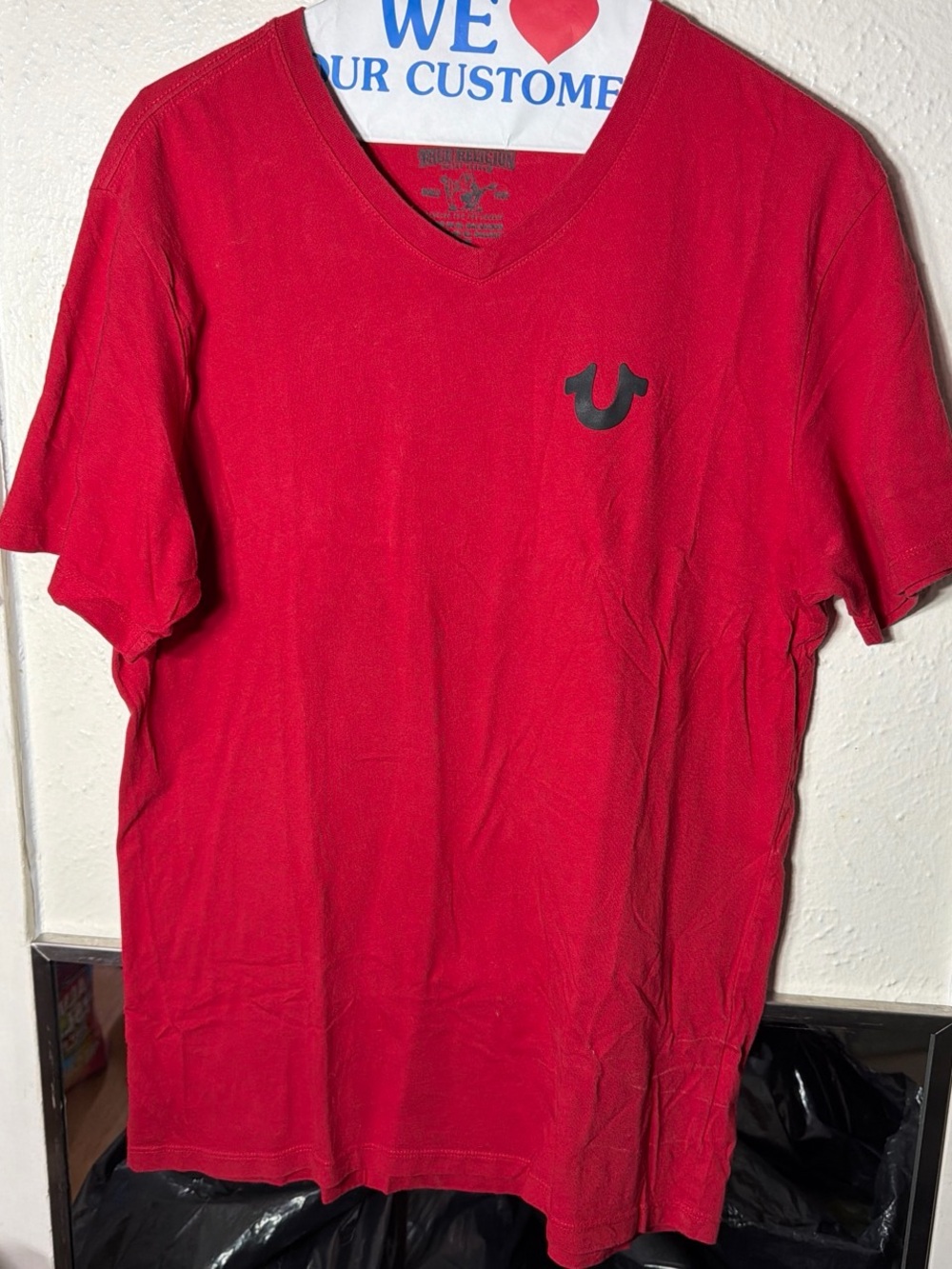 True Religion Red V-Neck Short Sleeve Tee with Black Horseshoe Logo